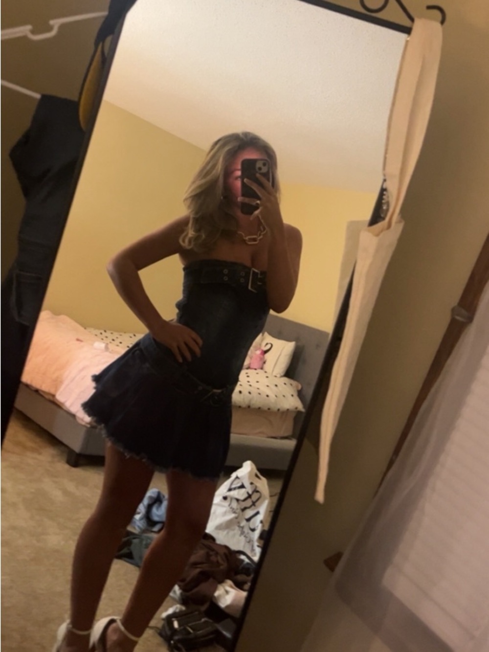Denim Strapless Belted Mini Dress